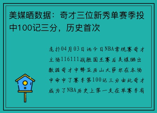 美媒晒数据：奇才三位新秀单赛季投中100记三分，历史首次